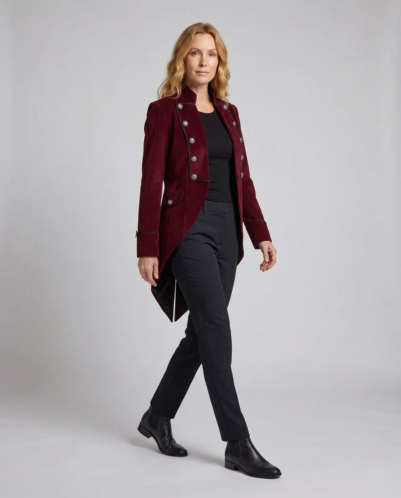 Damen Eleganter Frackmantel mit aufwendigen Knöpfen und asymmetrischem Saum Nord Taschen