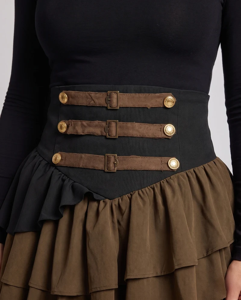 Damen Eleganter gestufter Rock mit aufwendigen Rüschen und dekorativen Knöpfen Nord Taschen