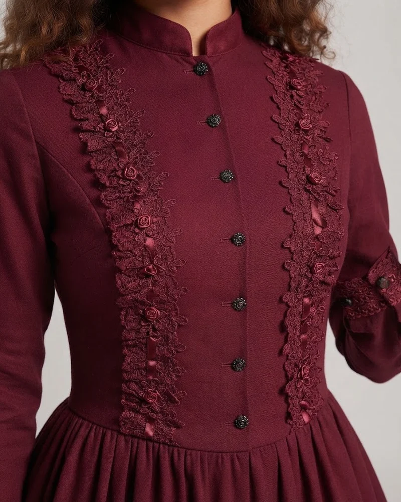 Frauen Elegantes Historisches Kleid mit Detaillierter Floraler Stickerei Nord Taschen