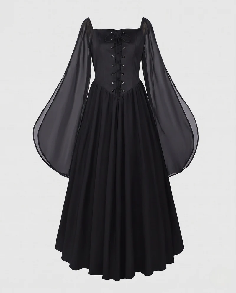 Frauen Elegantes Historisches Kleid mit Weiten Ausgestellten Ärmeln und Schnürung Nord Taschen