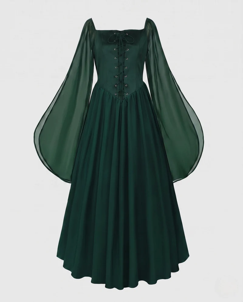Frauen Elegantes Historisches Kleid mit Weiten Ausgestellten Ärmeln und Schnürung Nord Taschen