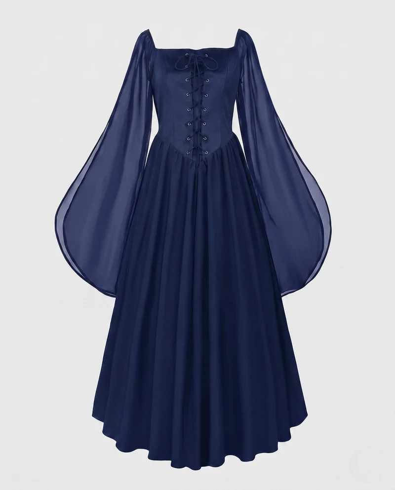 Frauen Elegantes Historisches Kleid mit Weiten Ausgestellten Ärmeln und Schnürung Nord Taschen