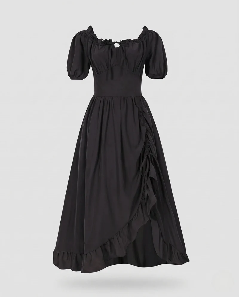 Damen Elegantes Maxi-Kleid mit Puffärmeln und Rüscheldetails Nord Taschen