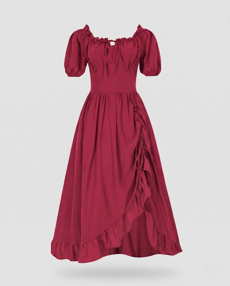 Damen Elegantes Maxi-Kleid mit Puffärmeln und Rüscheldetails Nord Taschen