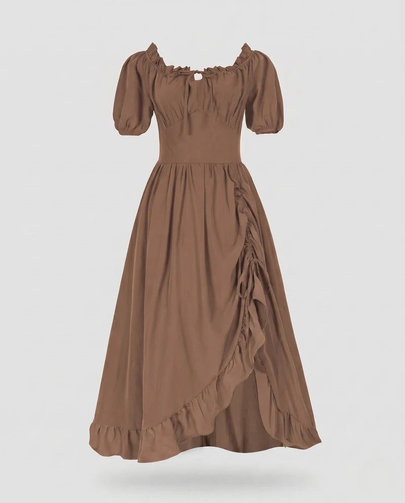 Damen Elegantes Maxi-Kleid mit Puffärmeln und Rüscheldetails Nord Taschen