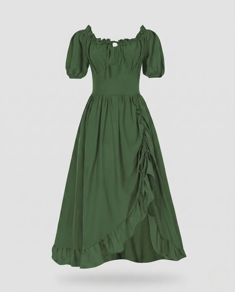 Damen Elegantes Maxi-Kleid mit Puffärmeln und Rüscheldetails Nord Taschen