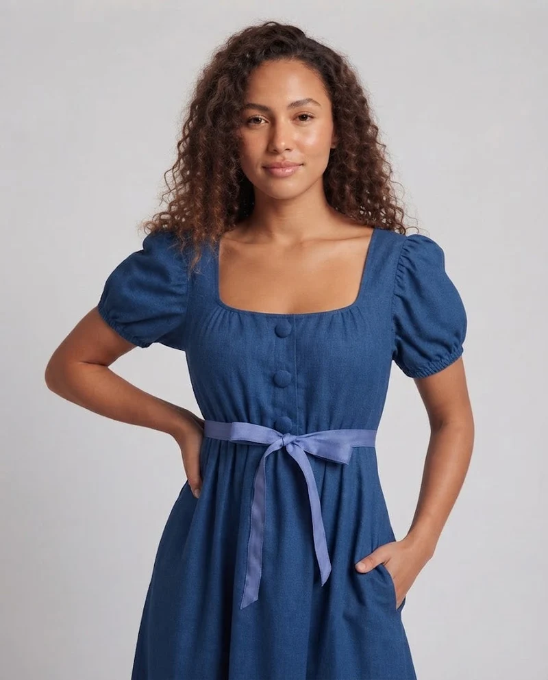 Frauen Elegantes Maxikleid mit Puffärmeln und Taillengürtel Nord Taschen