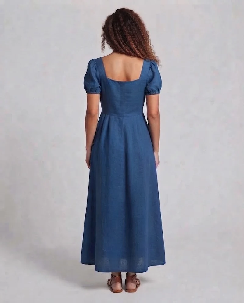 Frauen Elegantes Maxikleid mit Puffärmeln und Taillengürtel Nord Taschen