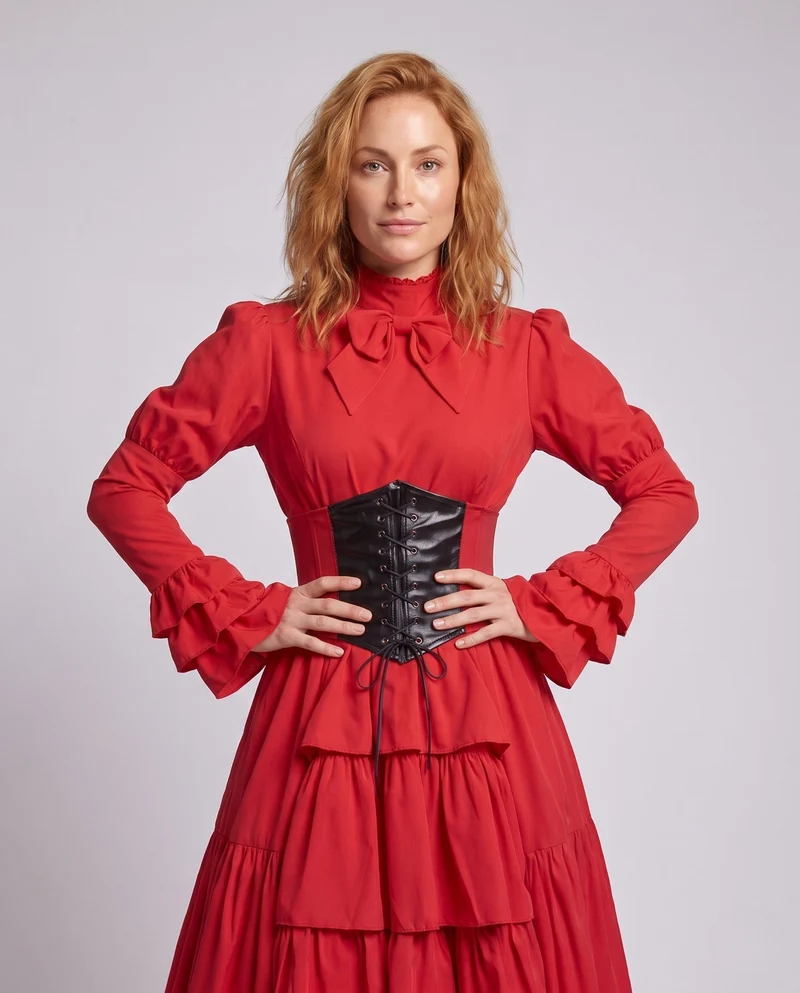 Frauen Elegantes Rüschenspiel Kleid mit Hohem Kragen und Schnürdetails Nord Taschen