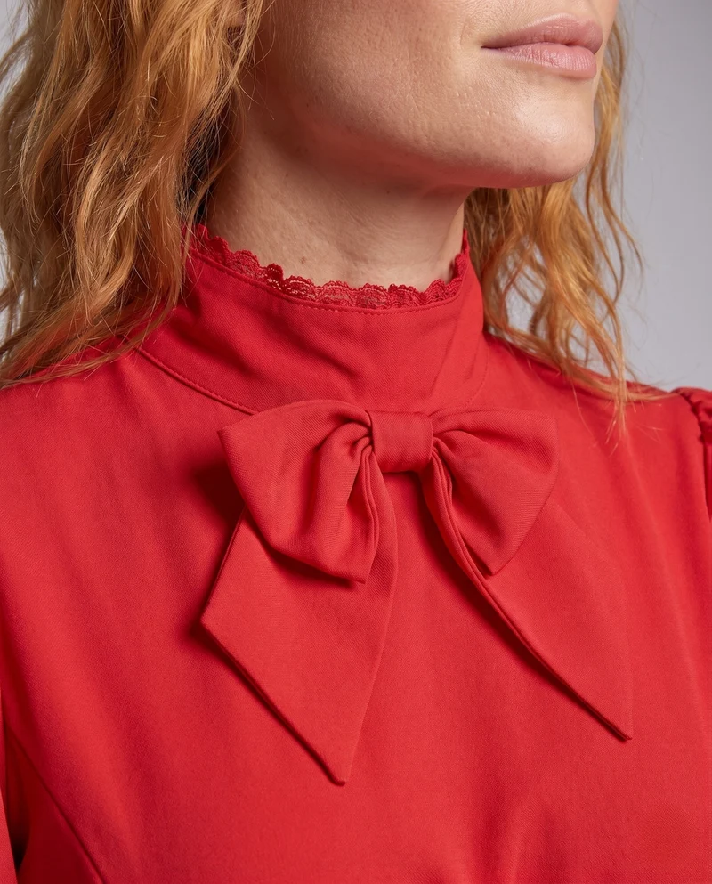 Frauen Elegantes Rüschenspiel Kleid mit Hohem Kragen und Schnürdetails Nord Taschen