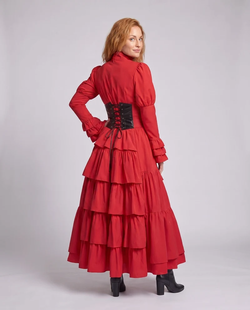 Frauen Elegantes Rüschenspiel Kleid mit Hohem Kragen und Schnürdetails Nord Taschen