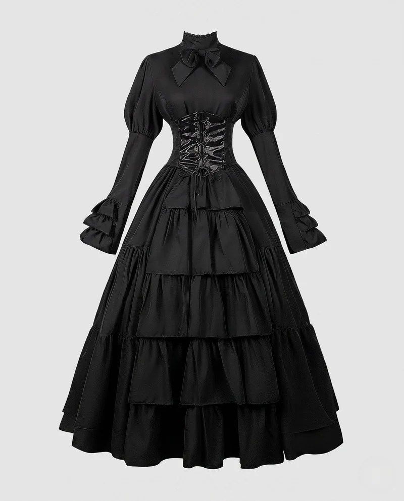 Frauen Elegantes Rüschenspiel Kleid mit Hohem Kragen und Schnürdetails Nord Taschen