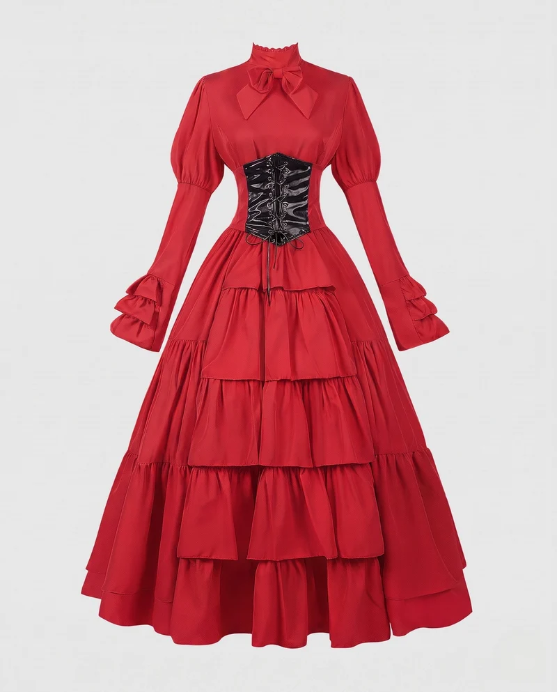 Frauen Elegantes Rüschenspiel Kleid mit Hohem Kragen und Schnürdetails Nord Taschen