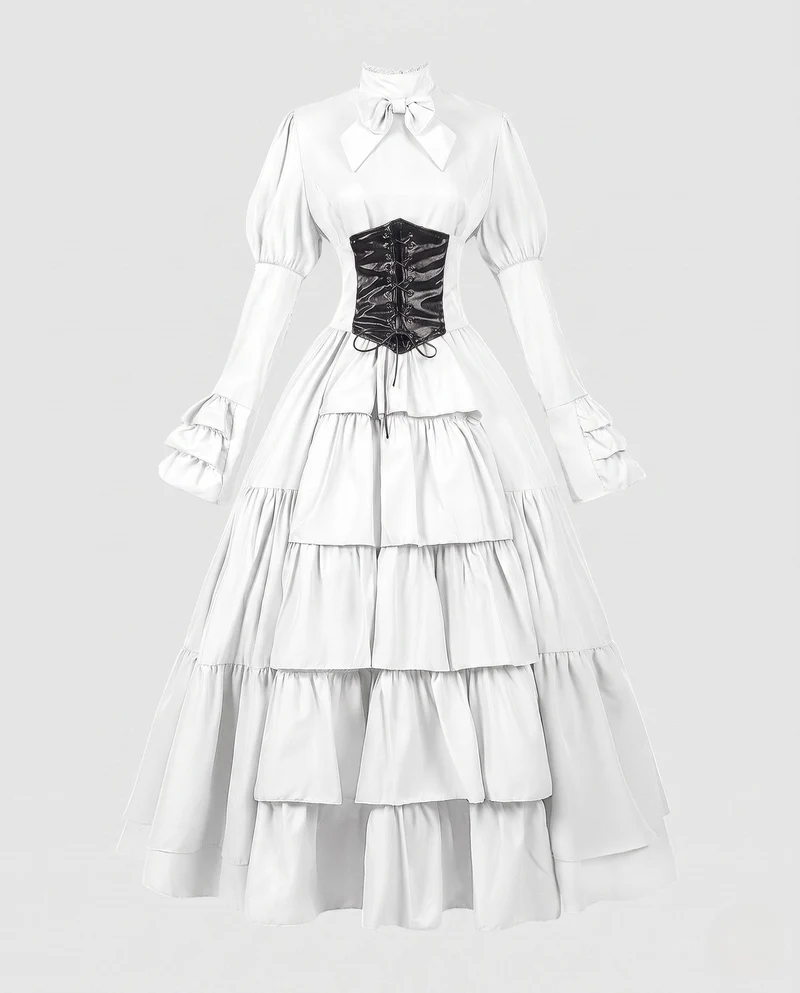 Frauen Elegantes Rüschenspiel Kleid mit Hohem Kragen und Schnürdetails Nord Taschen