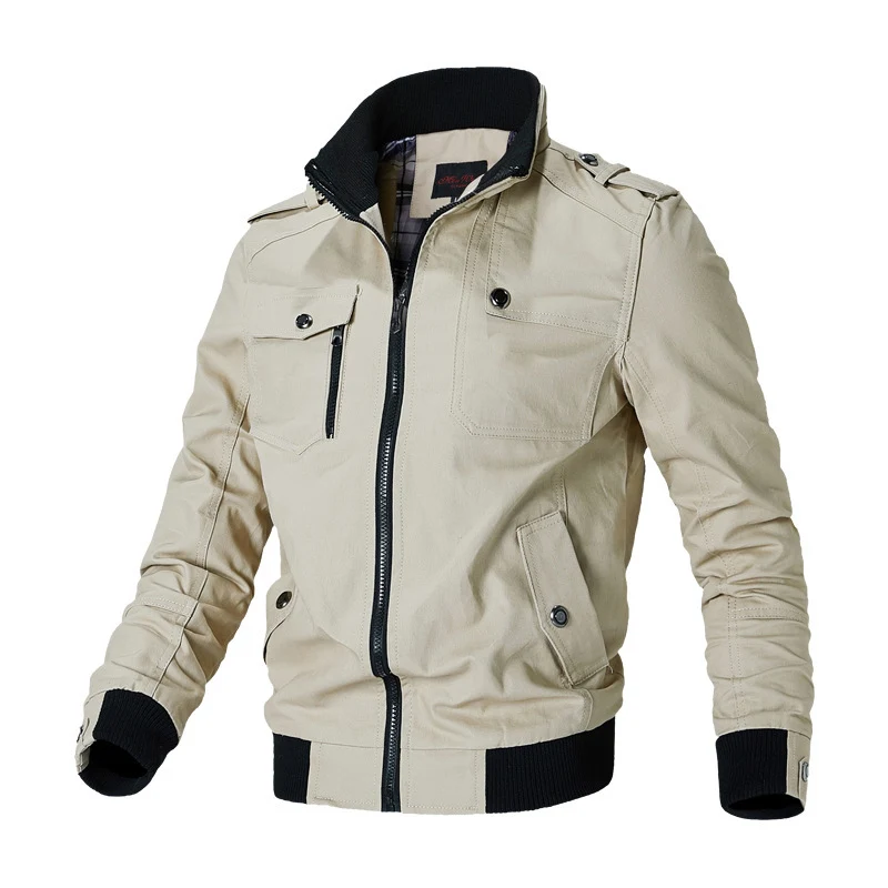 Herren Canvas-Bomberjacke im Retro-Pilotencut mit gestepptem Kragen und gestreiften Rippbündchen Nord Taschen