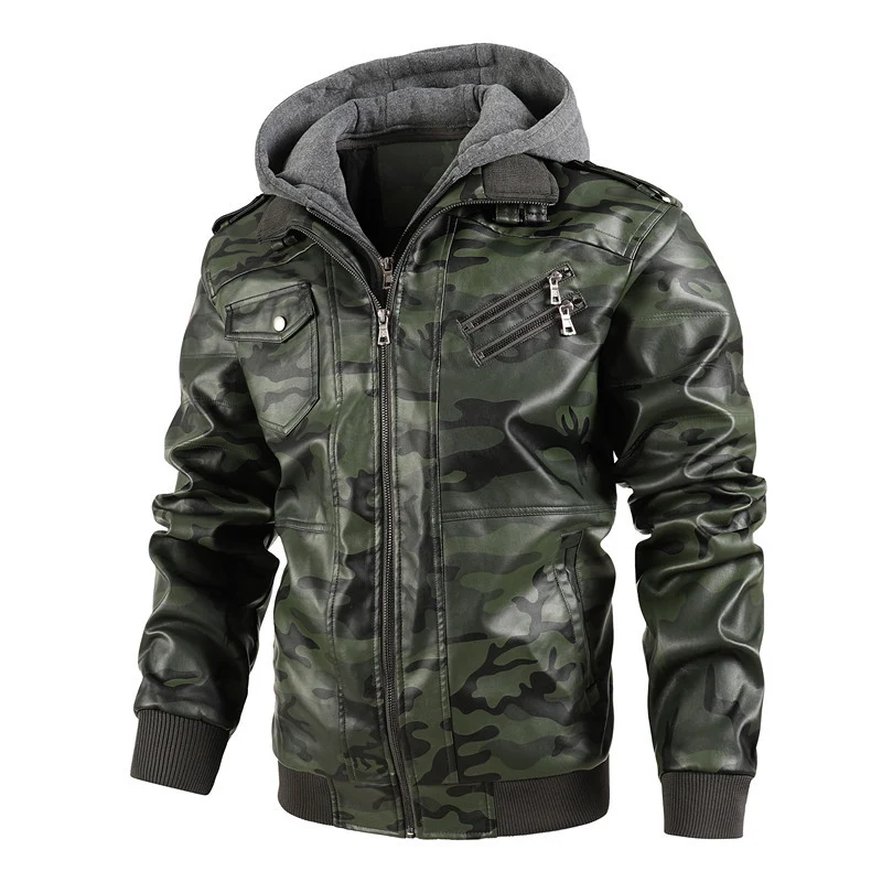 Herren Camouflage-Kunstleder-Flightblouson mit integriertem Kapuzenlayer und funktionalen Reißverschlusstaschen Nord Taschen