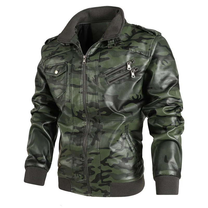 Herren Camouflage Kunstleder-Bomberjacke mit Schulterklappen, Reißverschlusstaschen und Rippsaum Nord Taschen