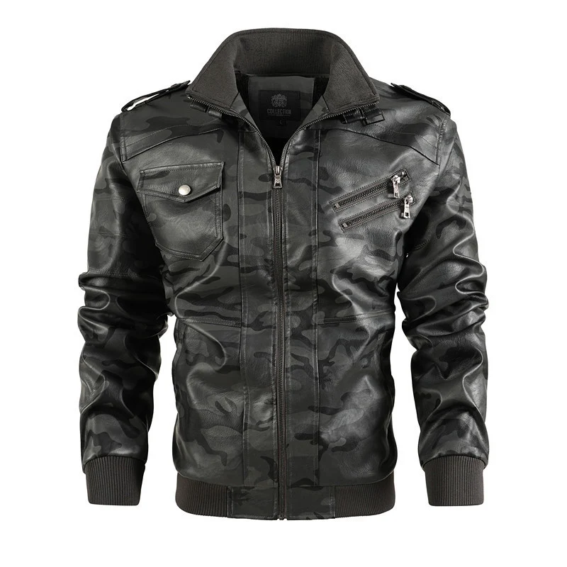Herren Camouflage-Kunstleder-Bomberjacke im Pilotenstil mit Rippbündchen und Zipper-Taschen Nord Taschen