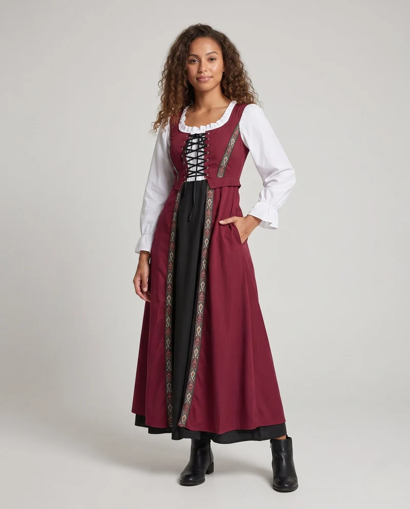 Frauen traditionelle Kleid mit dekorativer Schnürung und bunten Stickdetails Nord Taschen
