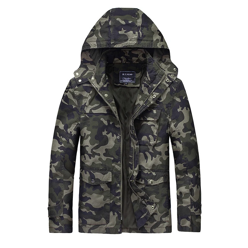 Herren Camouflage Fieldjacke mit Kapuze, Multifunktionalen Außentaschen und Kordzug-Taille Nord Taschen