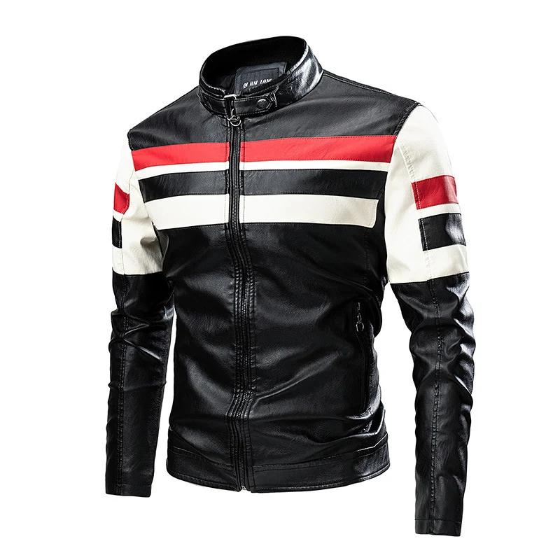 Herren Bikerjacke aus Kunstleder mit kontrastierenden Streifen und Stehkragen Nord Taschen