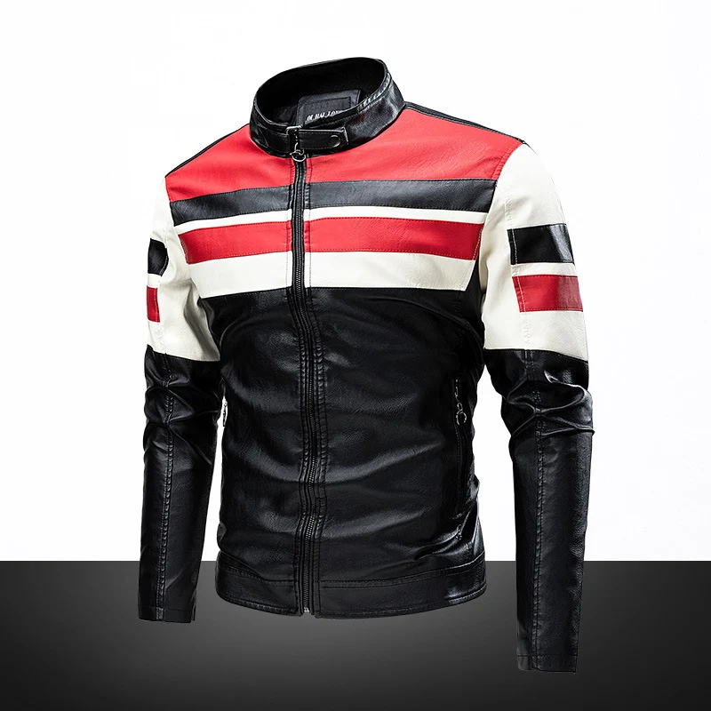 Herren Bikerjacke aus Kunstleder mit kontrastierenden Streifen und Stehkragen Nord Taschen