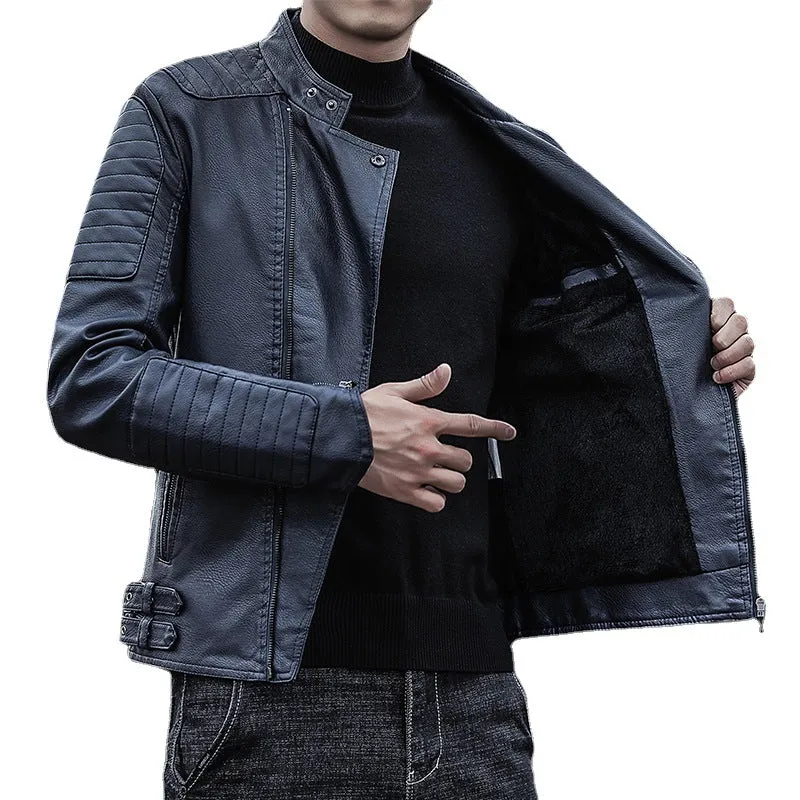 Herren Bikerjacke aus Kunstleder mit gesteppter Ärmelpasse und Stehkragen Nord Taschen