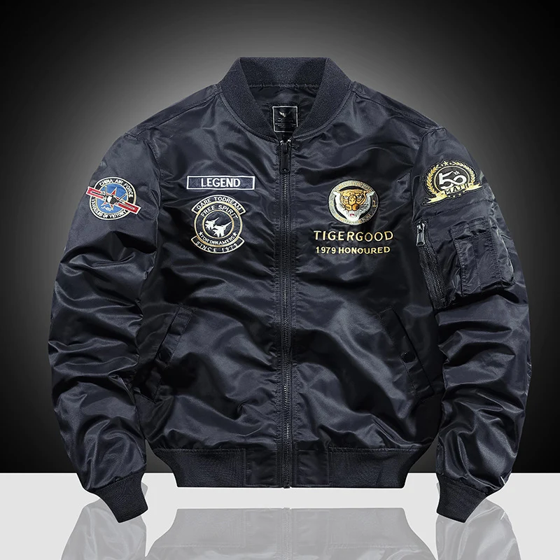 Herren bestickte Nylon-Flightjacke mit großflächigem Tiger- und Motorradmotiv Nord Taschen