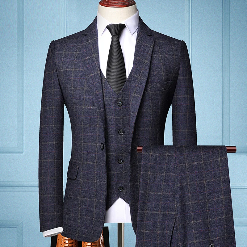 Herren Dreiteiliges Slim-Fit Anzug mit Weste und feinem Karomuster Nord Taschen