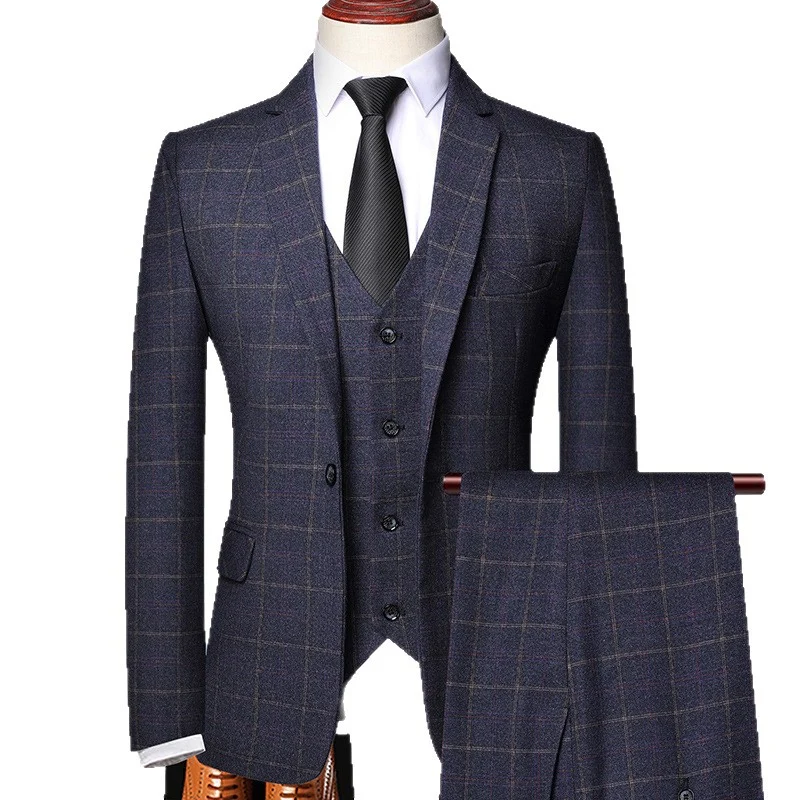 Herren Dreiteiliges Slim-Fit Anzug mit Weste und feinem Karomuster Nord Taschen