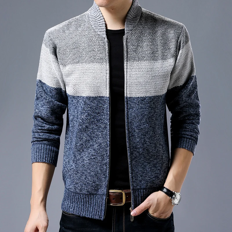 Herren Strick-Zipjacke mit Blockstreifen, Stehkragen und Rippbündchen Nord Taschen