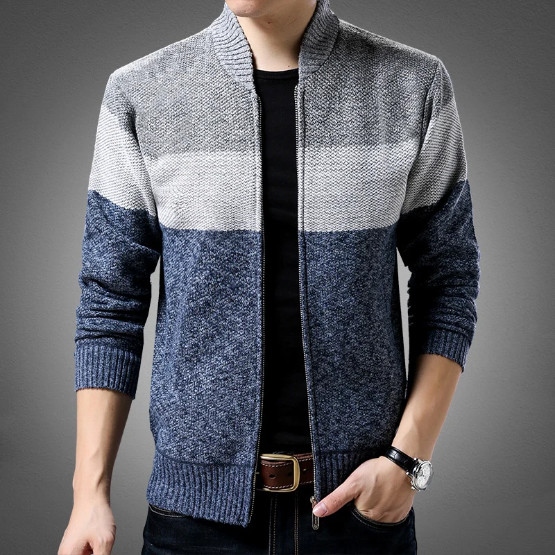 Herren Strick-Zipjacke mit Blockstreifen, Stehkragen und Rippbündchen Nord Taschen