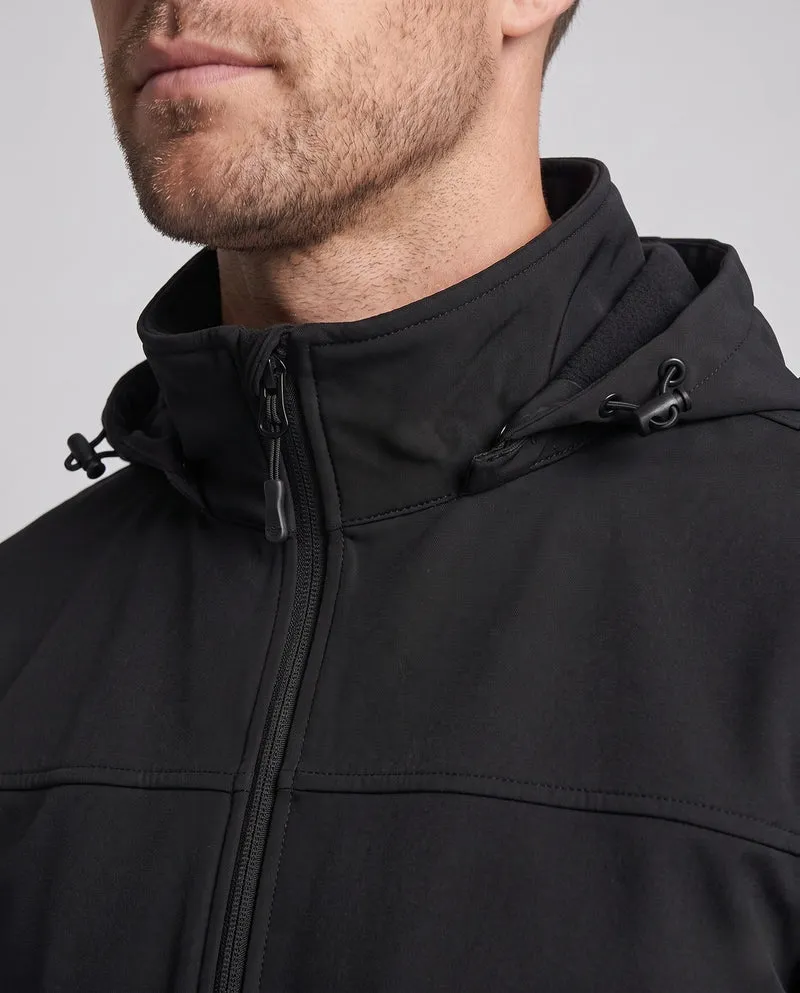 Herren technische Softshell-Hoodiejacke mit winddichter Membran, verstellbare Kapuze und versteckten Reißverschlusstaschen