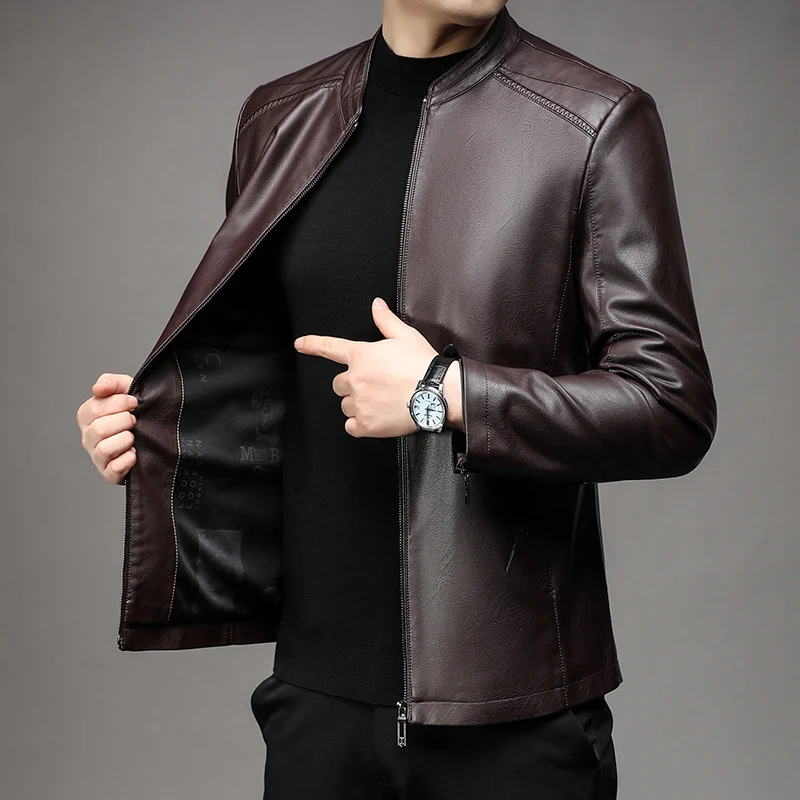 Herren Schlanke Lederjacke im Rider-Look mit Stehkragen und Zwei-Wege-Reißverschluss Nord Taschen
