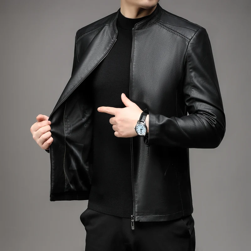 Herren Schlanke Lederjacke im Rider-Look mit Stehkragen und Zwei-Wege-Reißverschluss Nord Taschen
