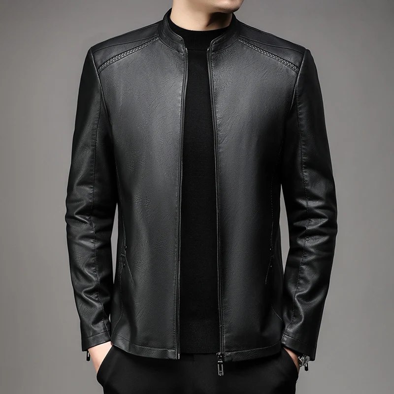 Herren Schlanke Lederjacke im Rider-Look mit Stehkragen und Zwei-Wege-Reißverschluss Nord Taschen