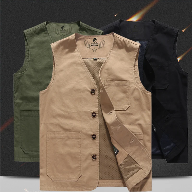 Herren Ärmellose Utility-Weste mit Knopfverschluss großen Aufgesetzten Fronttaschen und leichtem Mesh-Futter Nord Taschen