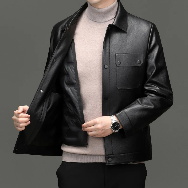Herren Lederjacke im Shirtstil mit Druckknopfverschluss und aufgesetzten Brusttaschen Nord Taschen