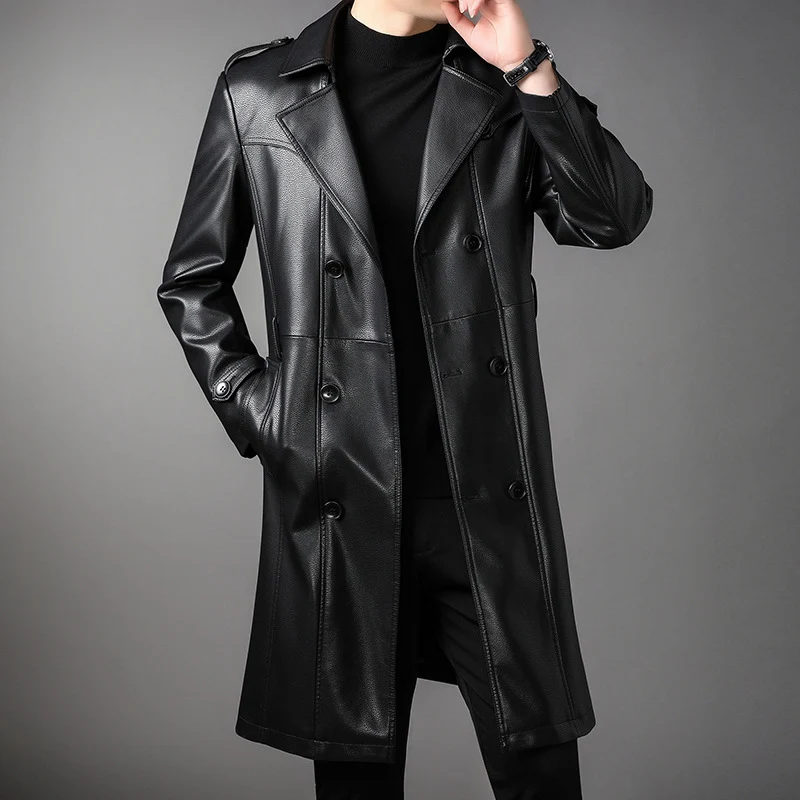 Herren Langer Ledertrenchcoat mit Taillengürtel und doppelreihiger Knopfleiste Nord Taschen