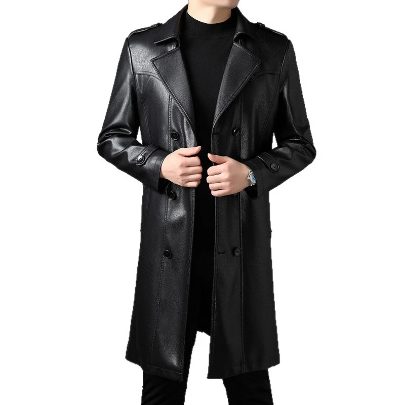 Herren Langer Ledertrenchcoat mit Taillengürtel und doppelreihiger Knopfleiste Nord Taschen