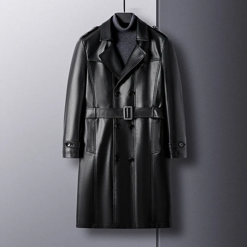 Herren Langer Ledertrenchcoat mit Taillengürtel und doppelreihiger Knopfleiste Nord Taschen