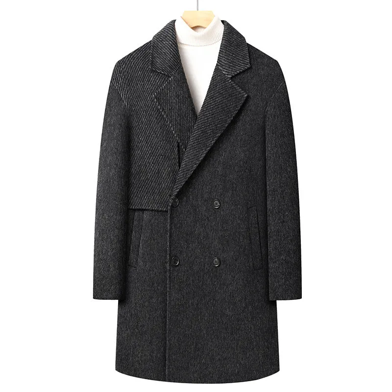 Herren Langer doppeltreihiger Wollmix-Mantel mit strukturiertem Revers Nord Taschen