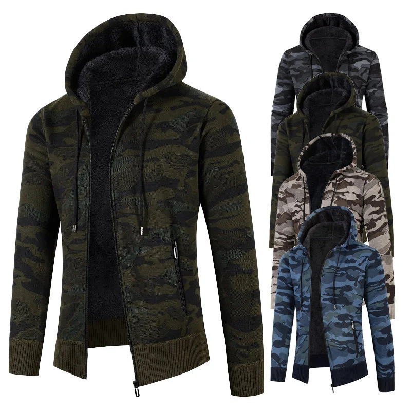 Herren Kapuzen‑Strickjacke mit Teddyfutter, Reißverschluss und Camouflage‑Struktur Nord Taschen