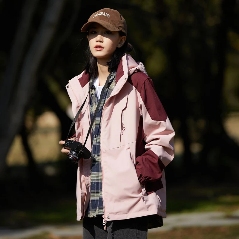 Damen zweilagige wasserabweisende Outdoorjacke mit Kapuze, Taillenregulierung und Kontrastbesätzen Nord Taschen