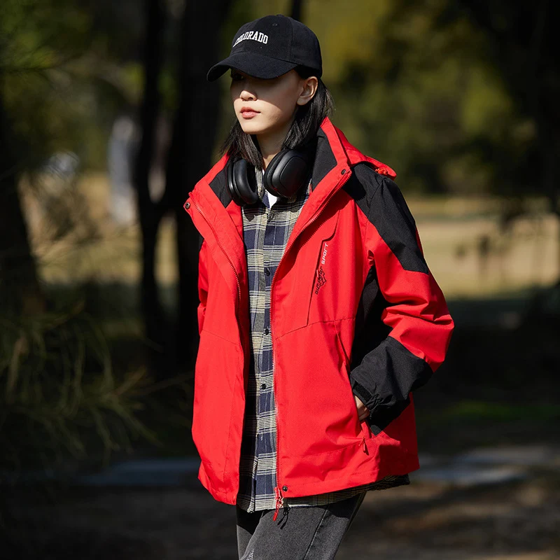 Damen zweilagige wasserabweisende Outdoorjacke mit Kapuze, Taillenregulierung und Kontrastbesätzen Nord Taschen