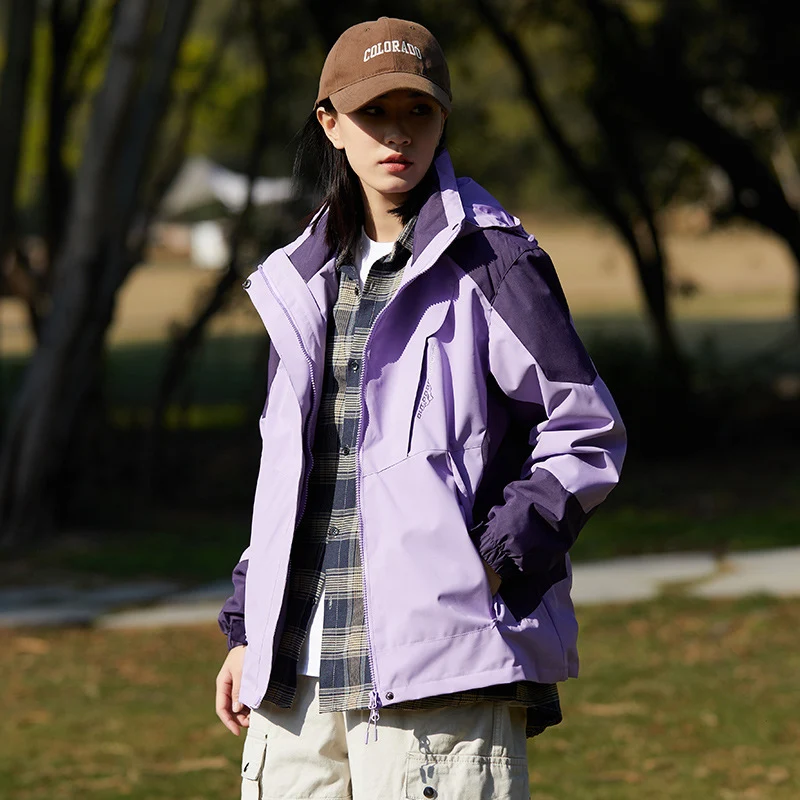 Damen zweilagige wasserabweisende Outdoorjacke mit Kapuze, Taillenregulierung und Kontrastbesätzen Nord Taschen