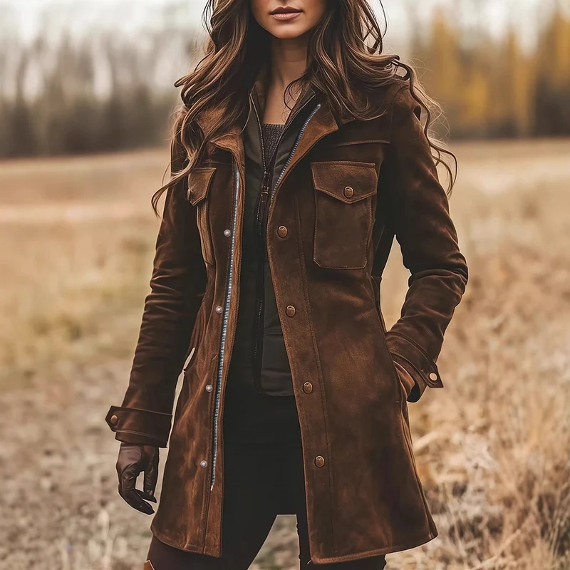 Damen Langjacke aus Veloursleder mit Utility-Taschen und verdecktem Reißverschluss Nord Taschen
