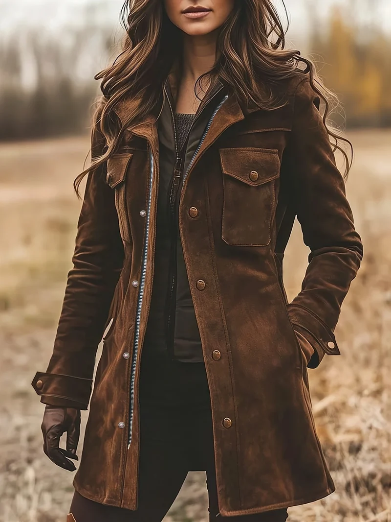 Damen Langjacke aus Veloursleder mit Utility-Taschen und verdecktem Reißverschluss Nord Taschen