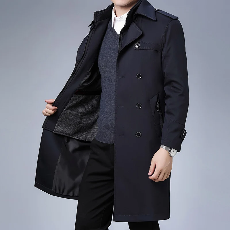 Herren klassischer wasserabweisender Trenchcoat mit doppelter Knopfreihe und Epauletten Nord Taschen