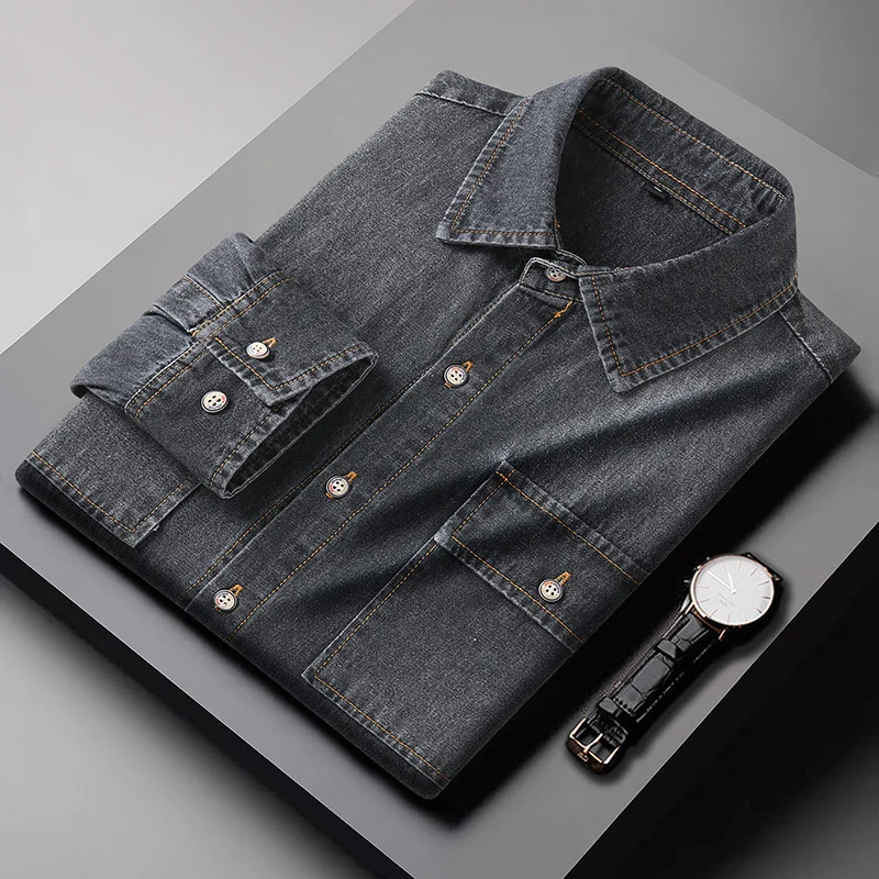 Herren Jeanshemd aus Baumwoll-Denim mit Kentkragen und aufgesetzten Brusttaschen Nord Taschen